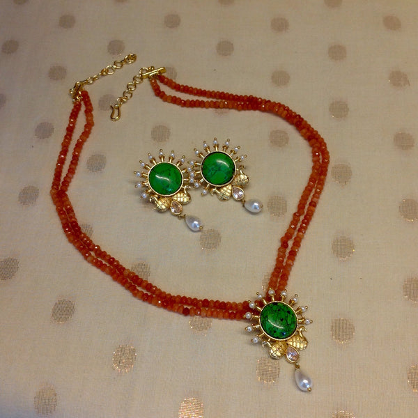 Regal Peacocks in Green and Orange Necklace Set