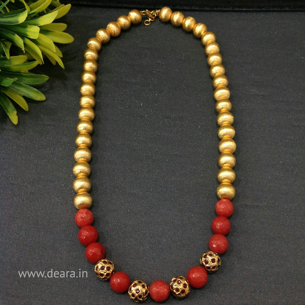 Enigmatic Pastel Red Gemstones Golden Beads Necklace