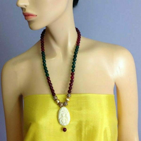 Endearing Maroon Red and Green Gems with Handcarved Coral Pendant Necklace