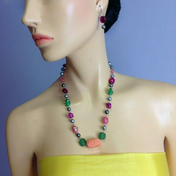Mermaid Peach Coral with Pink and Green Enamel Beads Silver Pearls Necklace