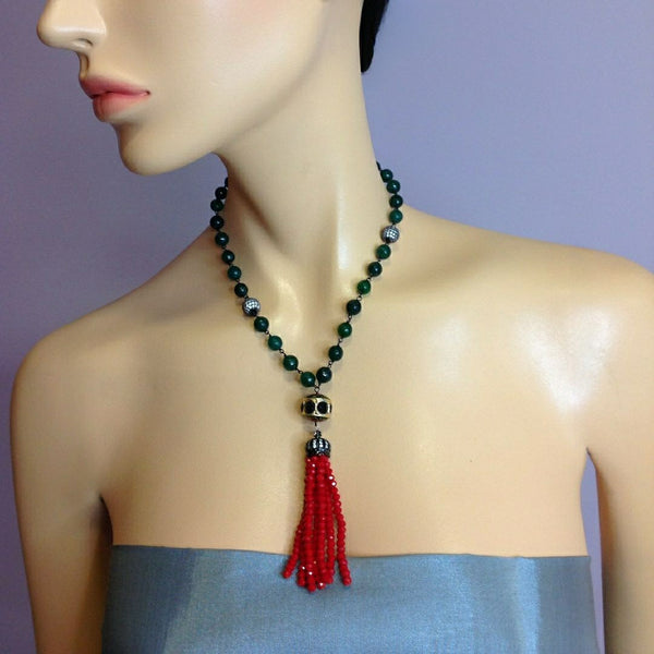 Gorgeous Green Gems with Beaded Red Tassel Necklace