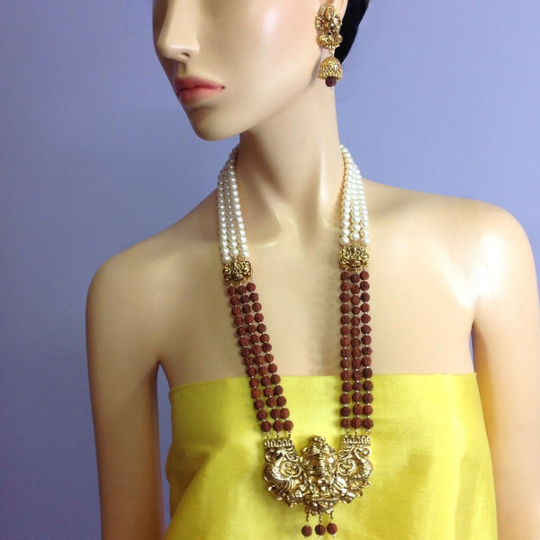 Rudraksh With Goddess Laxmi Pendant And Shell Pearl Necklace Set