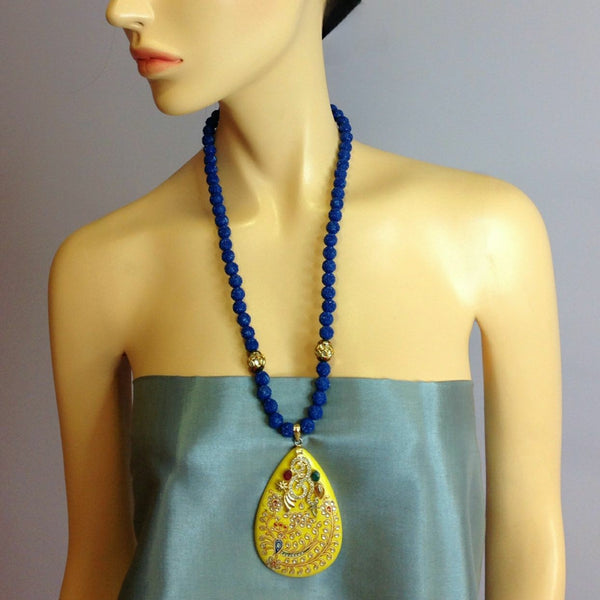 Midnight Blue Beaded in Bumblebee Yellow Pendant Necklace