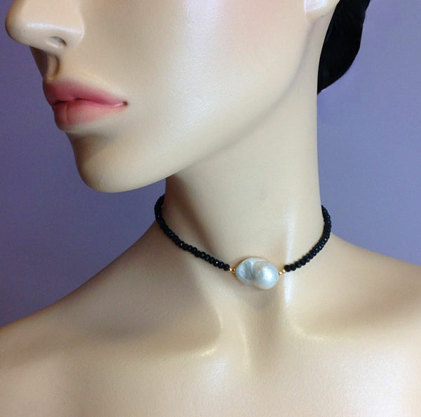 Dazzling Baroque Pearls with Black Quartz Beads Single Strand Choker Necklace