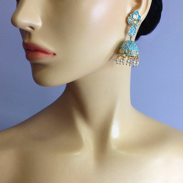 Sky Blue Enamel Golden Jhumka Earrings