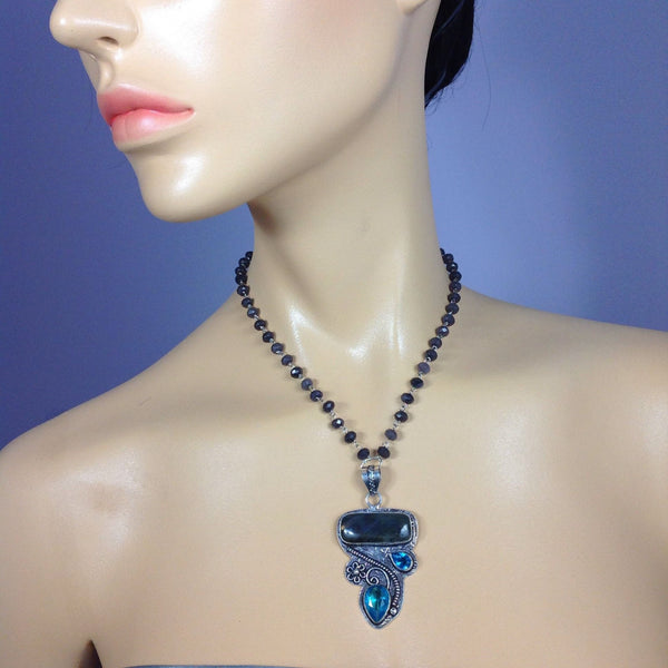 Droplets of Azure Blue  and Grey Stone Necklace
