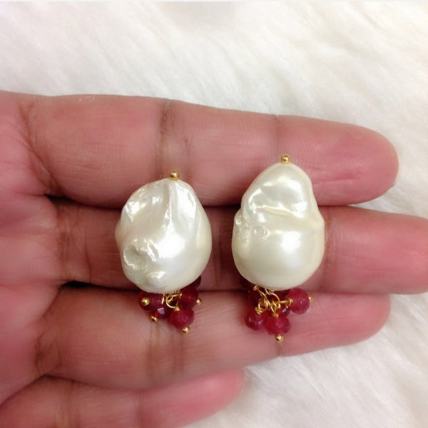 Dazzling Baroque Pearls with Red Quartz Earrings