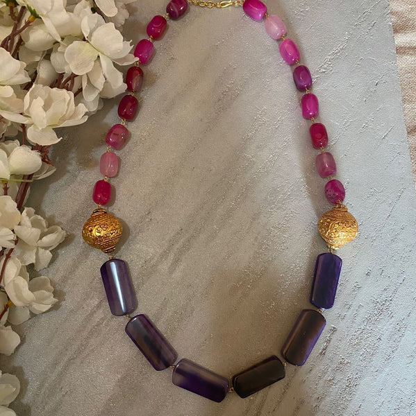 Glitzy Pink and Purple Gemstone with Geru Beads Necklace
