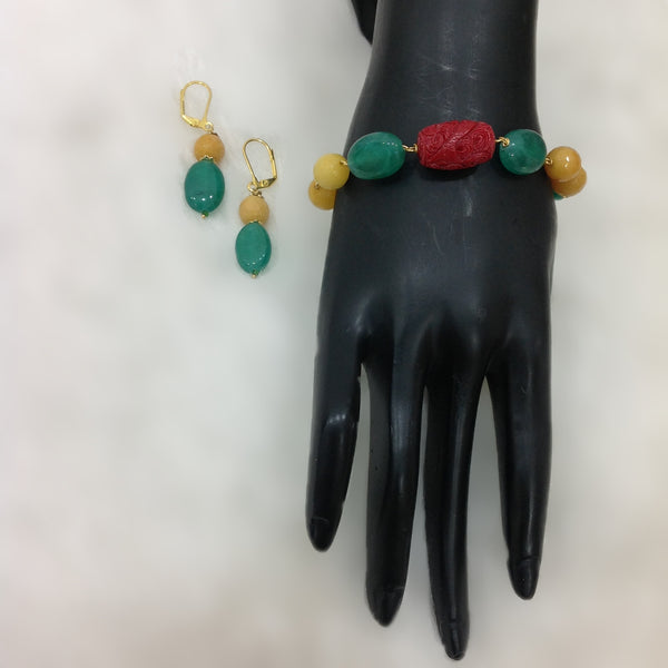 Emerald Green and Yellow with Red Coral Bracelet Set