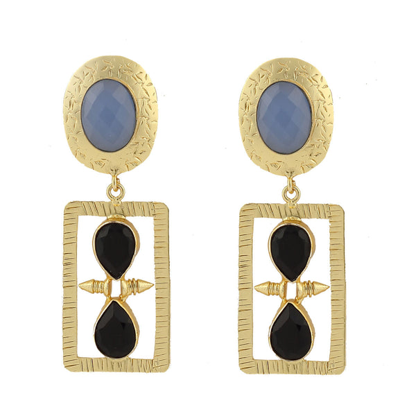 Blue Chalcedony and Black Onyx Stone Long Earrings