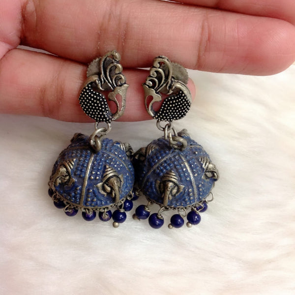 Dancing Peacock in Blue Enamel and Royal Elephant Jhumka Earrings