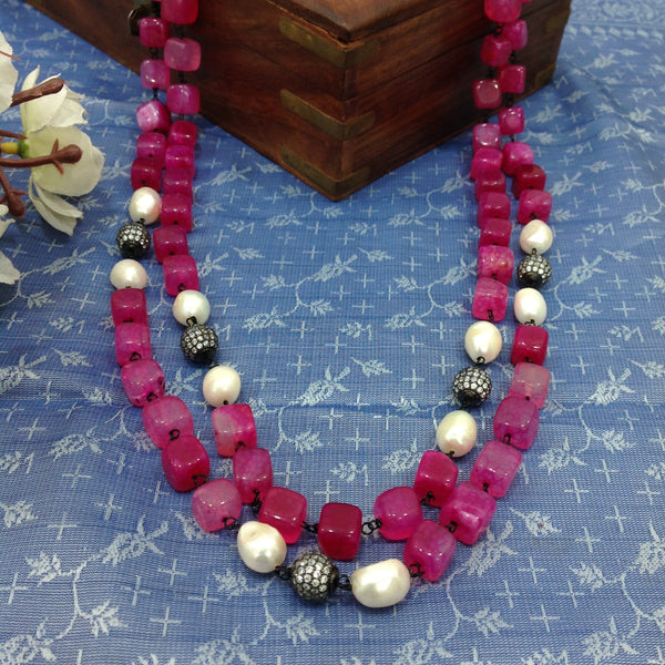 Fuscia Pink Fresh Water Pearl With Cubic Zirconia Necklace