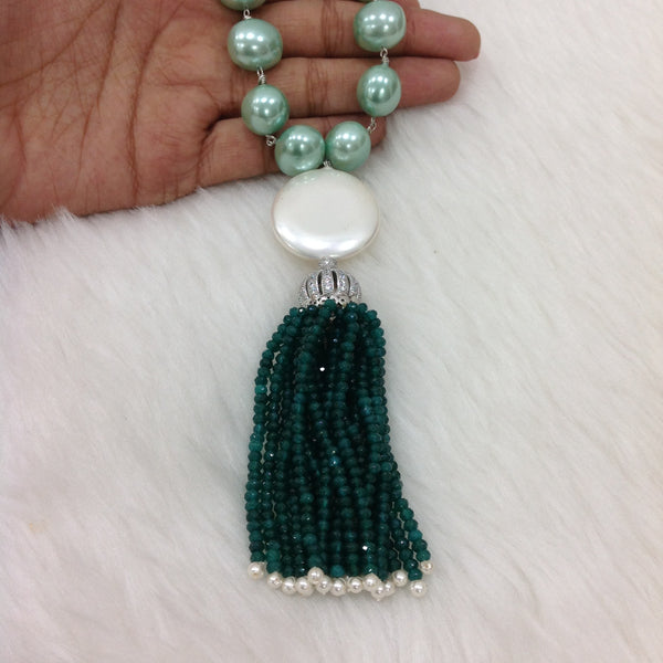 Sea Green Shell Pearl With Fresh Water Pearl  Tassel Necklace