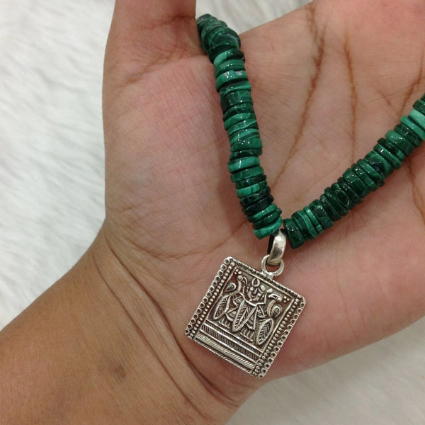 Green Malachite Semi Precious With Silver Pendant Necklace