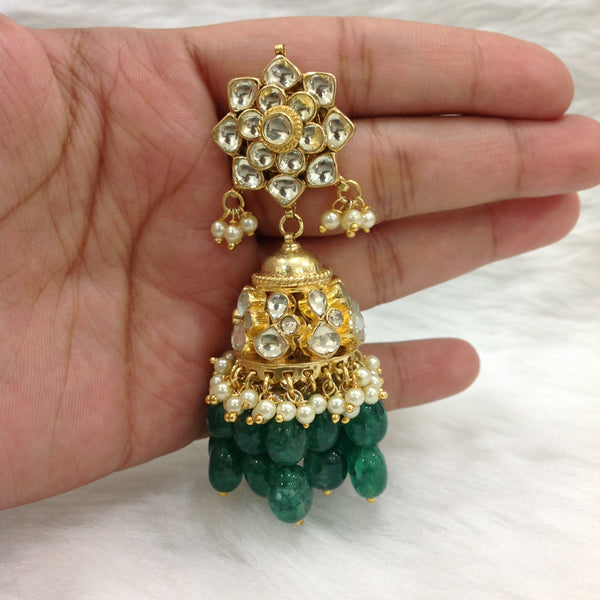 Lustrous Kundan Green Jhumka Long Earrings