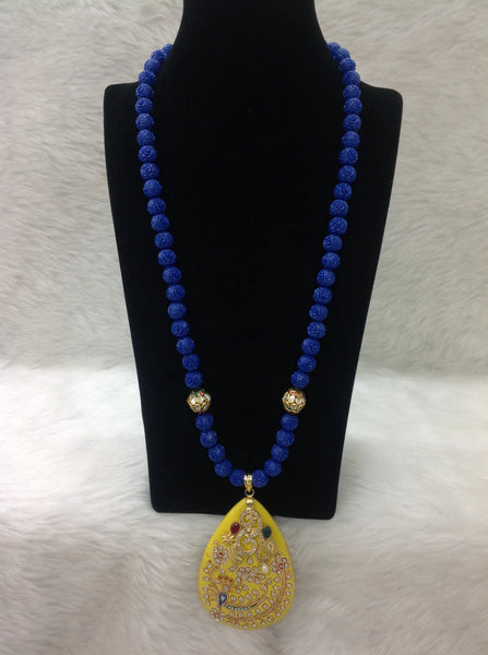 Midnight Blue Beaded in Bumblebee Yellow Pendant Necklace