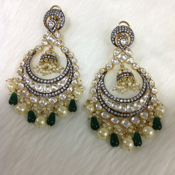 Lustrous Kundan & Pearls Green Chandbali Long Earrings