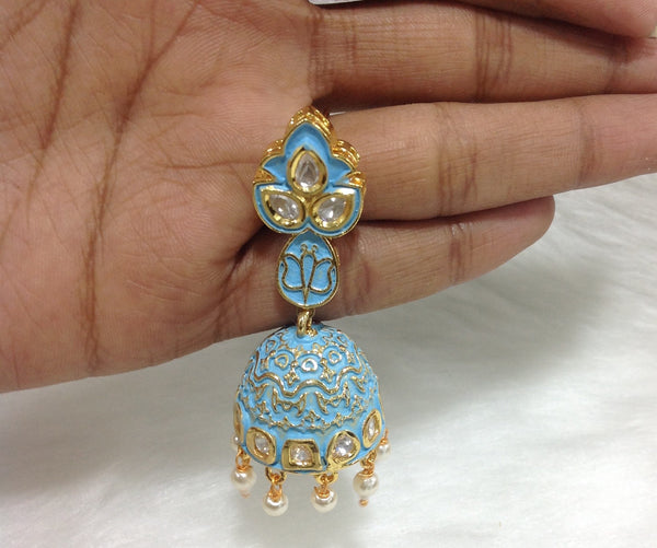 Sky Blue Enamel Golden Jhumka Earrings