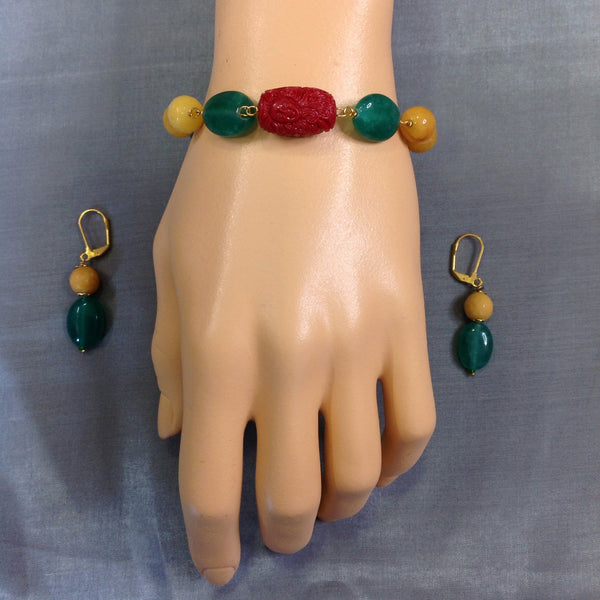 Emerald Green and Yellow with Red Coral Bracelet Set