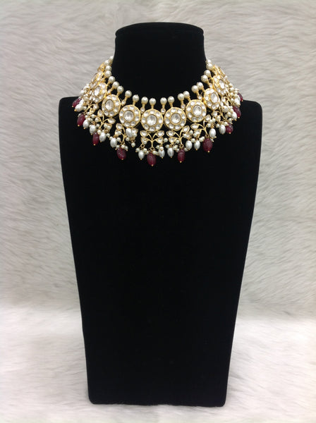 Magnetic Ruby Red Gemstones Kundan And Pearl Choker Necklace Set