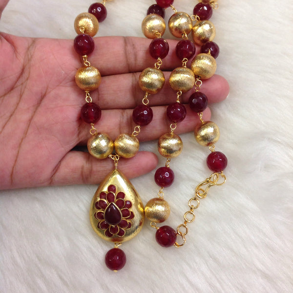 Dazzling Maroon Gemstones and Golden Beads Necklace