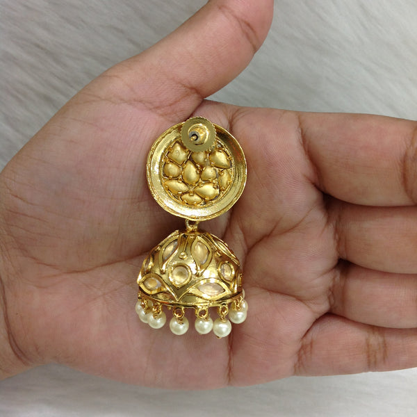 Golden Touch of Enamel Kundan and Pearls Jhumka Earrings