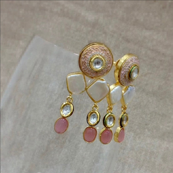 Pleasing Pink Onyx with Peach Enamel Kundan and Baroque Pearl Earrings