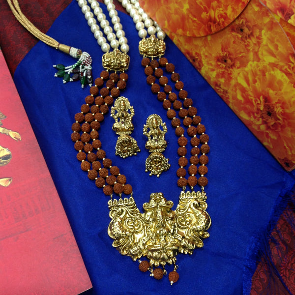 Rudraksh With Goddess Laxmi Pendant And Shell Pearl Necklace Set