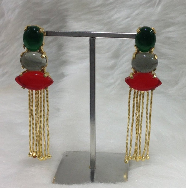 Green Grey and Red Long Dressy Earrings