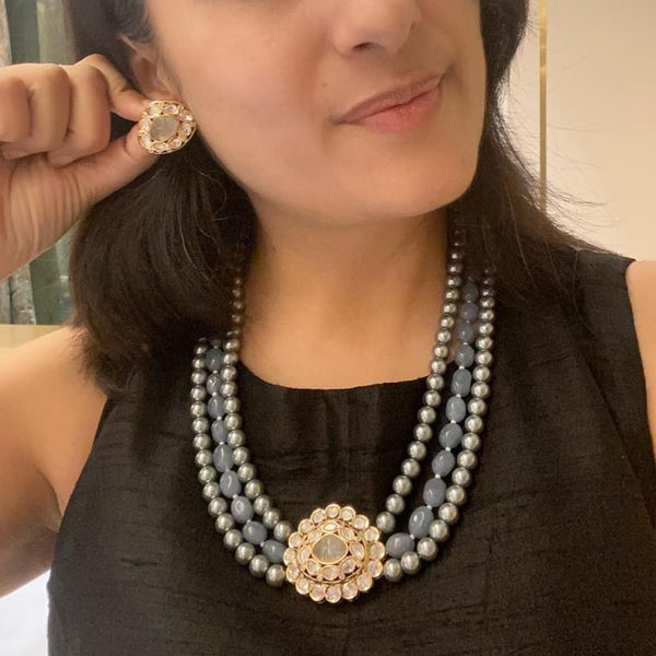 Waves of Ocean Blue with Kundan and Silver Pearl Necklace Set