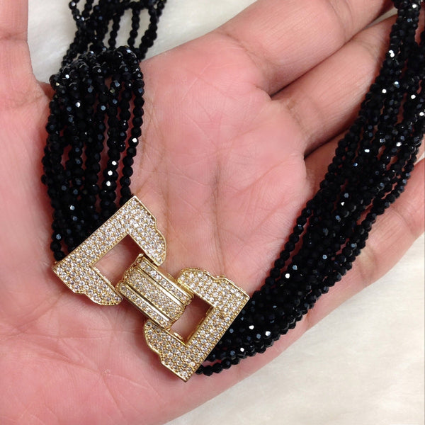 Blissful Black Crystal Studded Pendant Choker Necklace Set