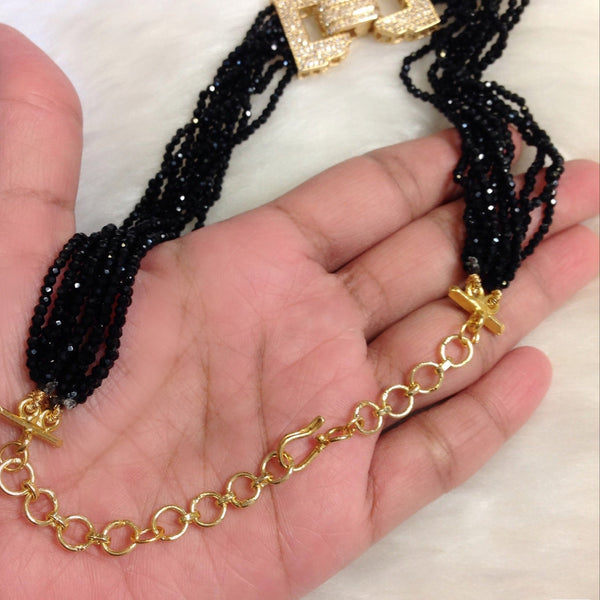 Blissful Black Crystal Studded Pendant Choker Necklace Set