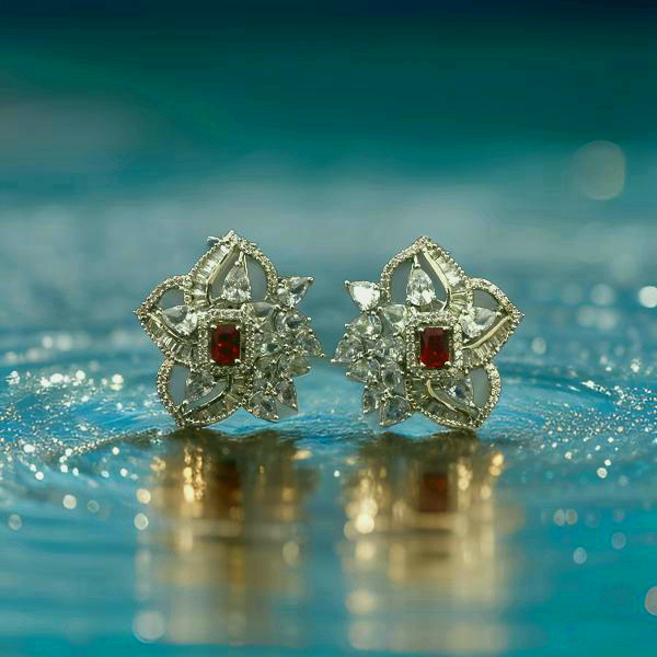 Spherical Floret Ruby Red Stone With Crystal Stud Earrings
