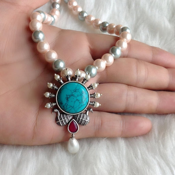 Regal Peacocks in Turquoise with Pearl Elegance Necklace