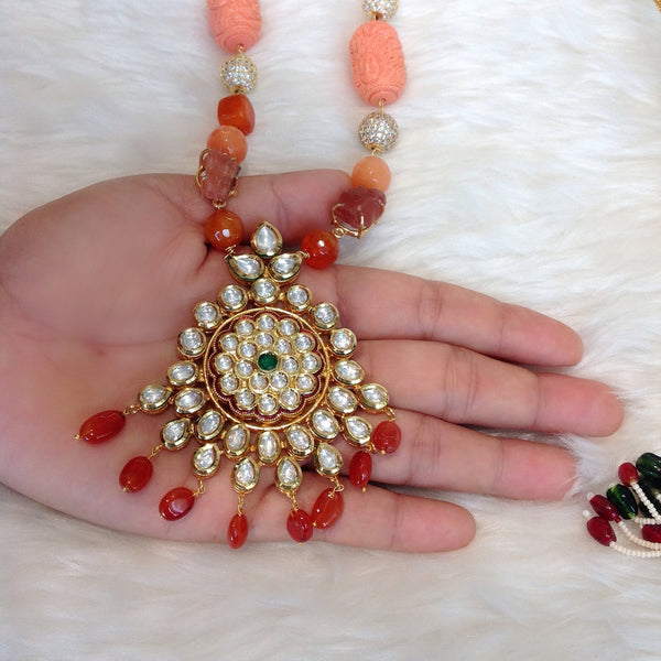 Ravishing Coral Peach Kundan Pendant Necklace