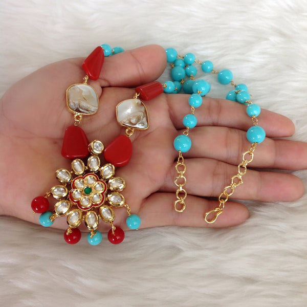 Charming Turquoise with Red Gemstone MOP Kundan Necklace Set