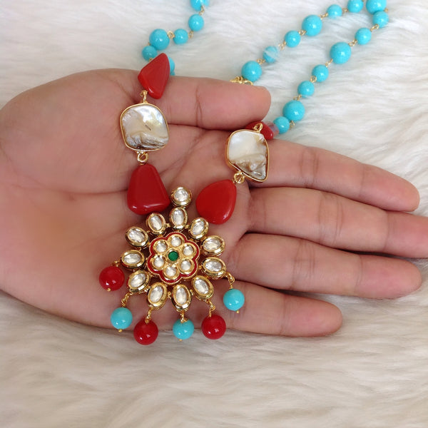 Charming Turquoise with Red Gemstone MOP Kundan Necklace Set