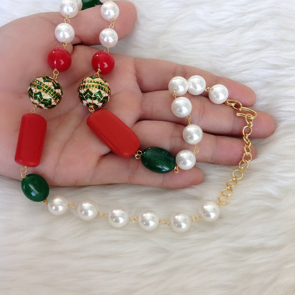 Regal Peacocks in Green Red with White Pearl Necklace