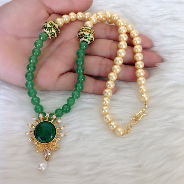 Regal Peacocks in Green Onyx with Golden Pearl Necklace