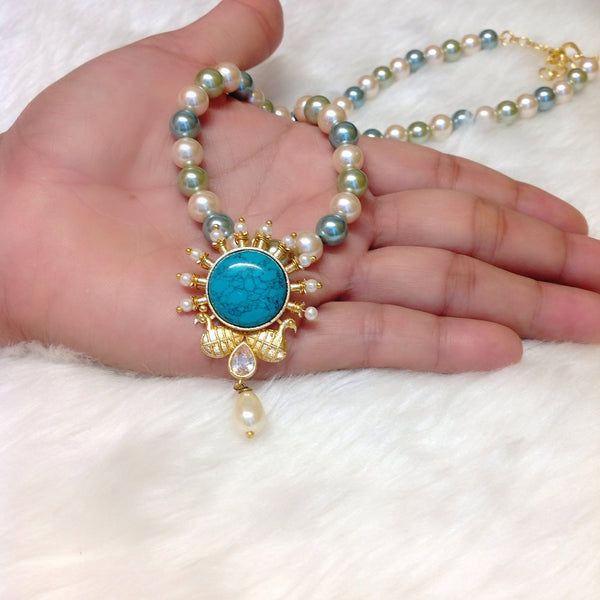 Regal Golden Peacocks in Turquoise with Pearl Elegance Necklace