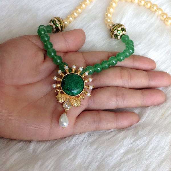 Regal Peacocks in Green Onyx with Golden Pearl Necklace