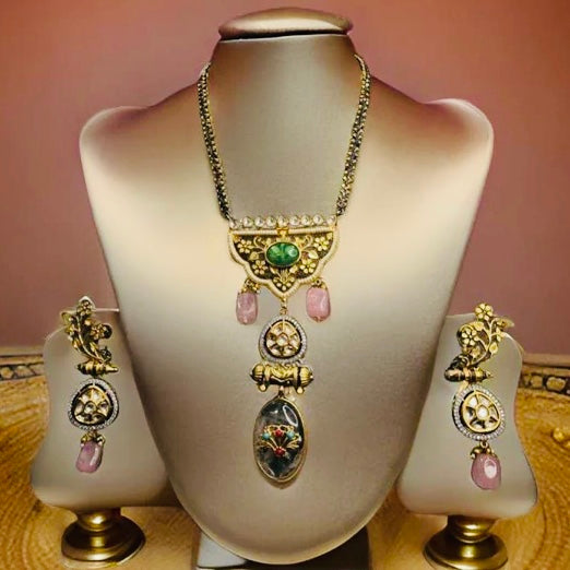 Breathtaking Golden Allure with Pink Statement Pendant Necklace Set