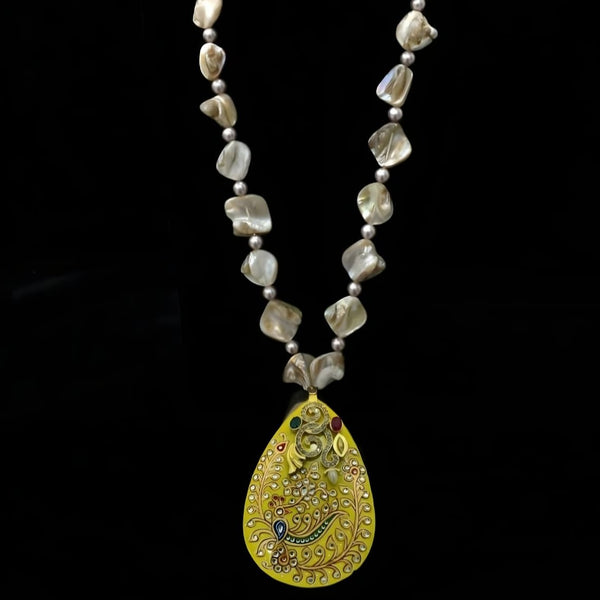 Charismatic MOP with Yellow Heavily hand-worked Stone Pendant Necklace