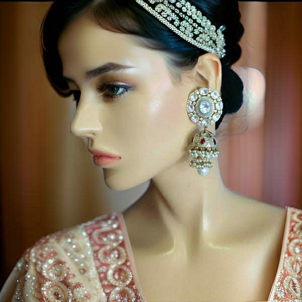 Glorious Grey Meenakari Kundan Pearl Jhumka Earrings