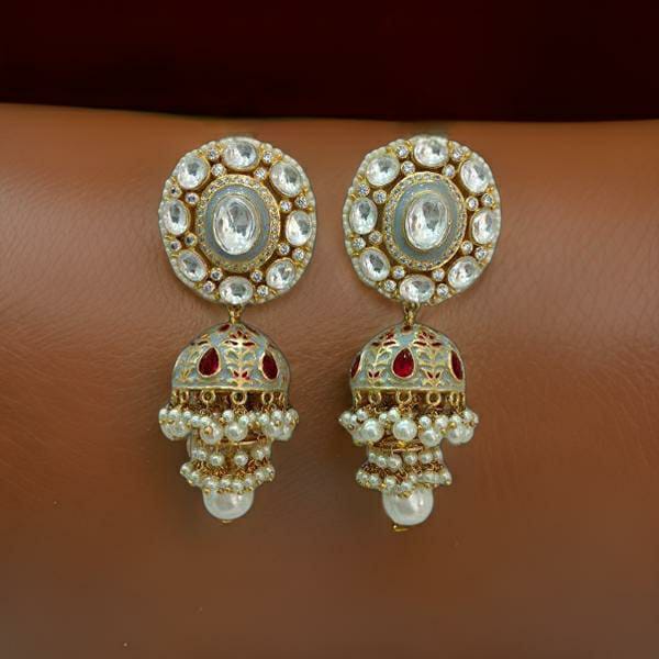 Glorious Grey Meenakari Kundan Pearl Jhumka Earrings
