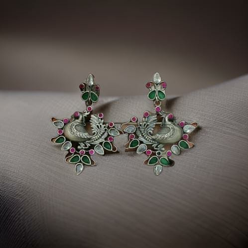 Ravishing Ruby Pink with Emerald Green Oxidized Earrings