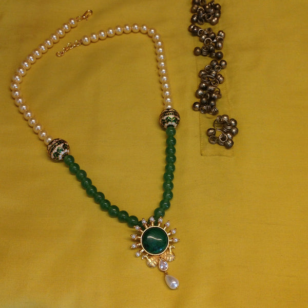 Regal Peacocks in Green Onyx with Golden Pearl Necklace