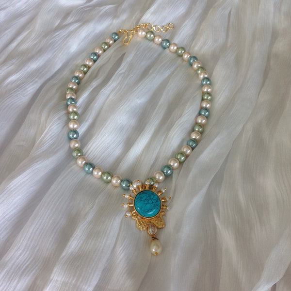 Regal Golden Peacocks in Turquoise with Pearl Elegance Necklace