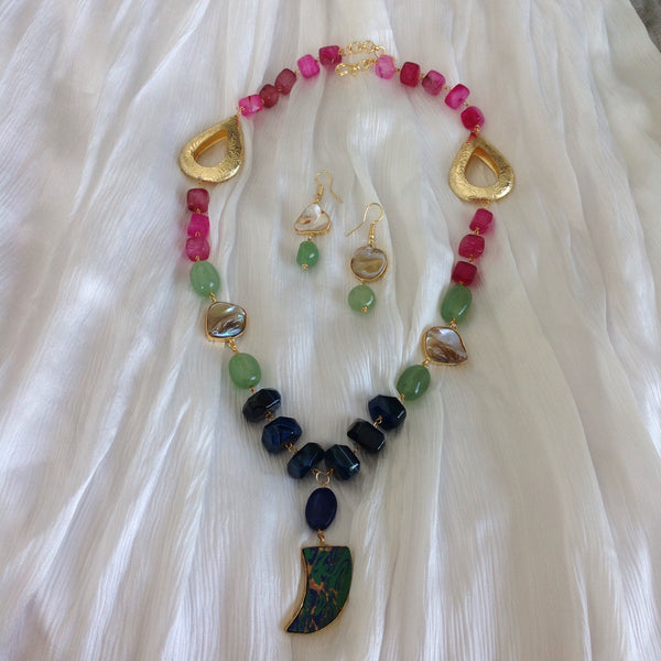 Charming Pink Green Blue with MOP Necklace Set