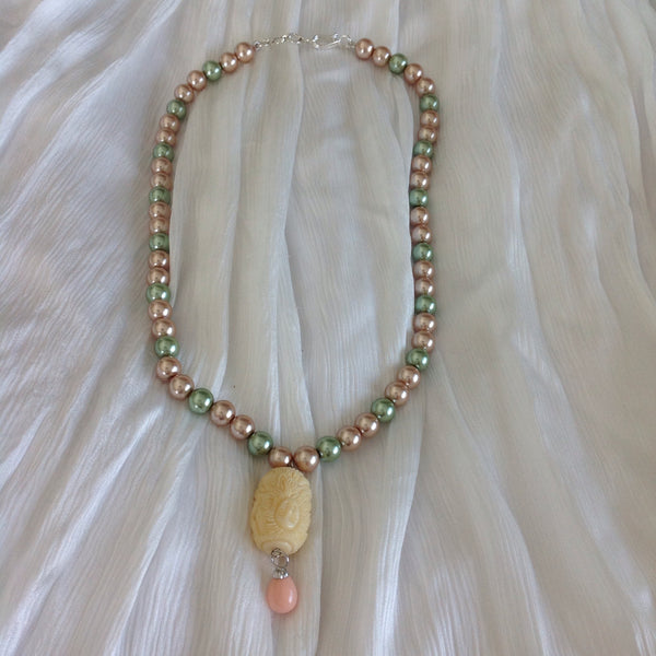 Marvelous Pink and Greenish Pearls with Coral Necklace